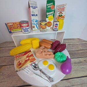 Vintage Plastic Play Food Set With Milk Juice Biscuits & More